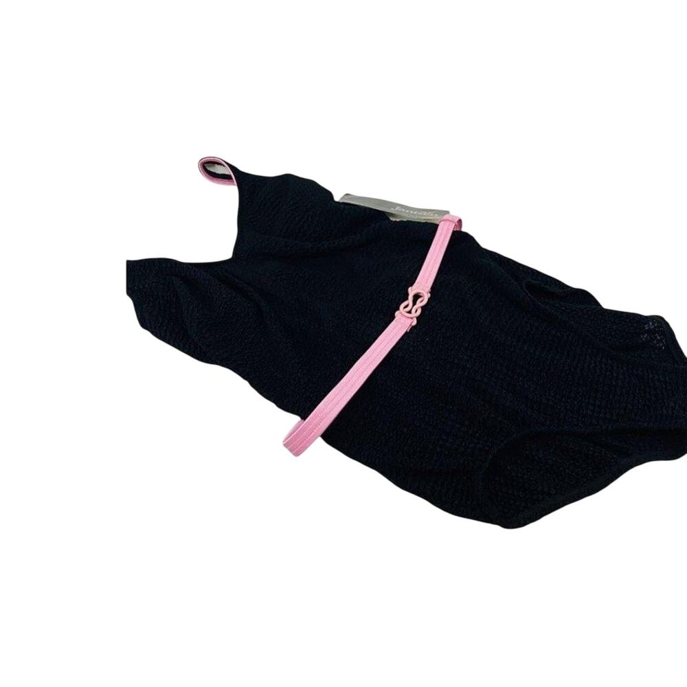 Vintage Jantzen One Piece Swimsuit Solid Black Pink Belted Sz 12 70’s 80’s